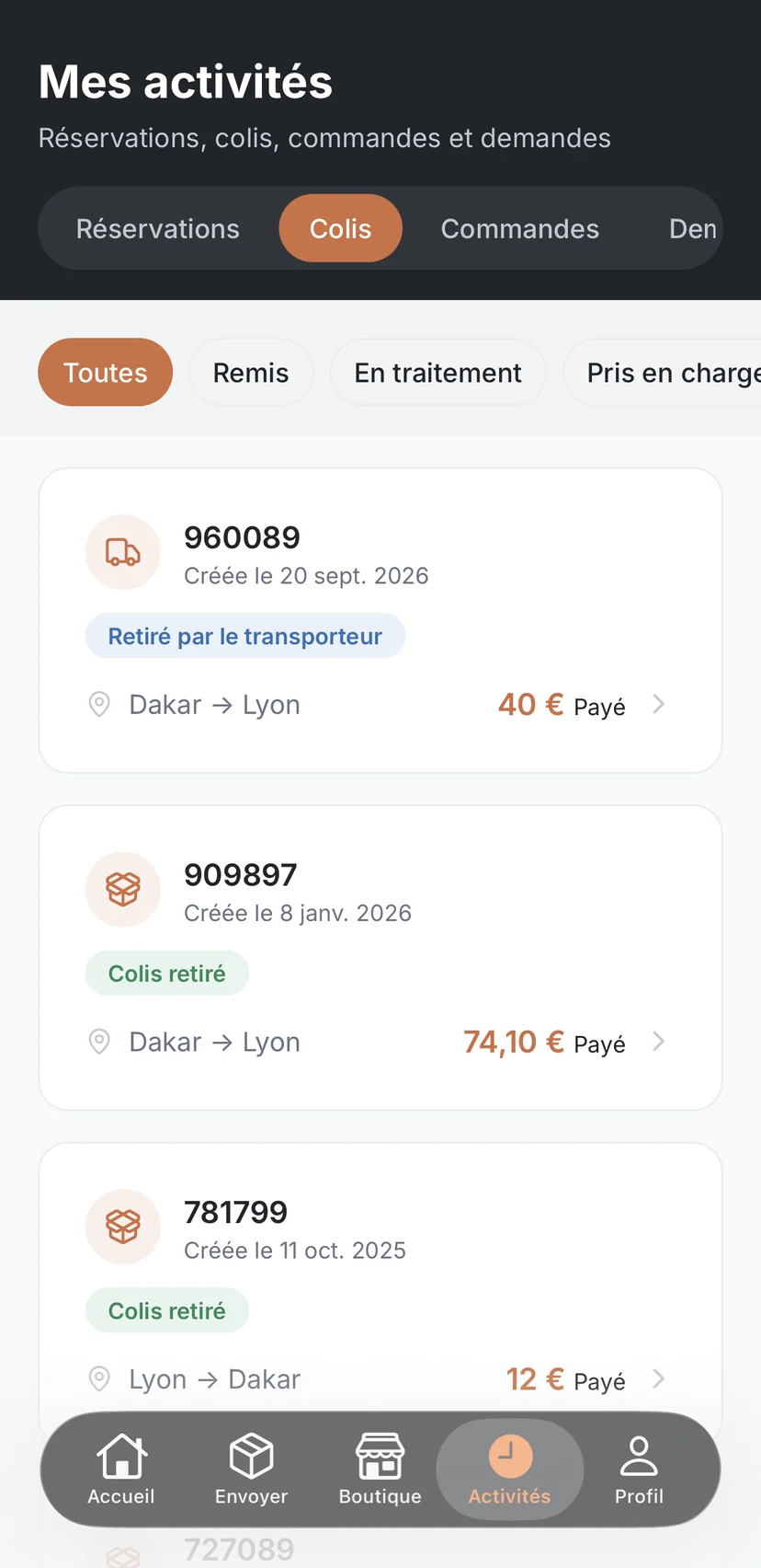 Mes activités : liste des colis avec leur statut, leur trajet et leur montant