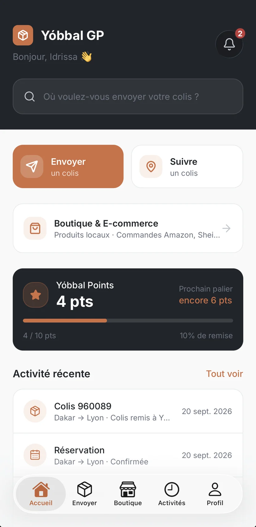 Accueil de l’application Yóbbal GP : envoyer et suivre un colis, boutique, Yóbbal Points et activité récente