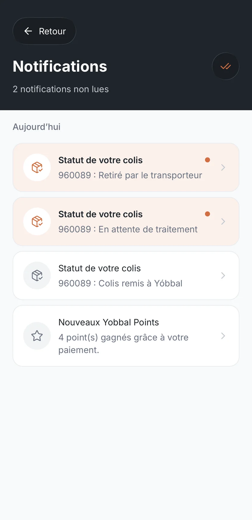 Liste des notifications : changements de statut du colis et points gagnés