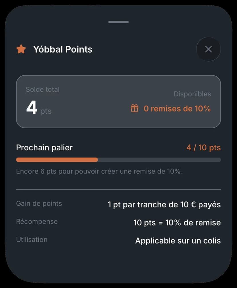 Fenêtre Yóbbal Points : solde, prochain palier et règles pour gagner une remise de 10 %