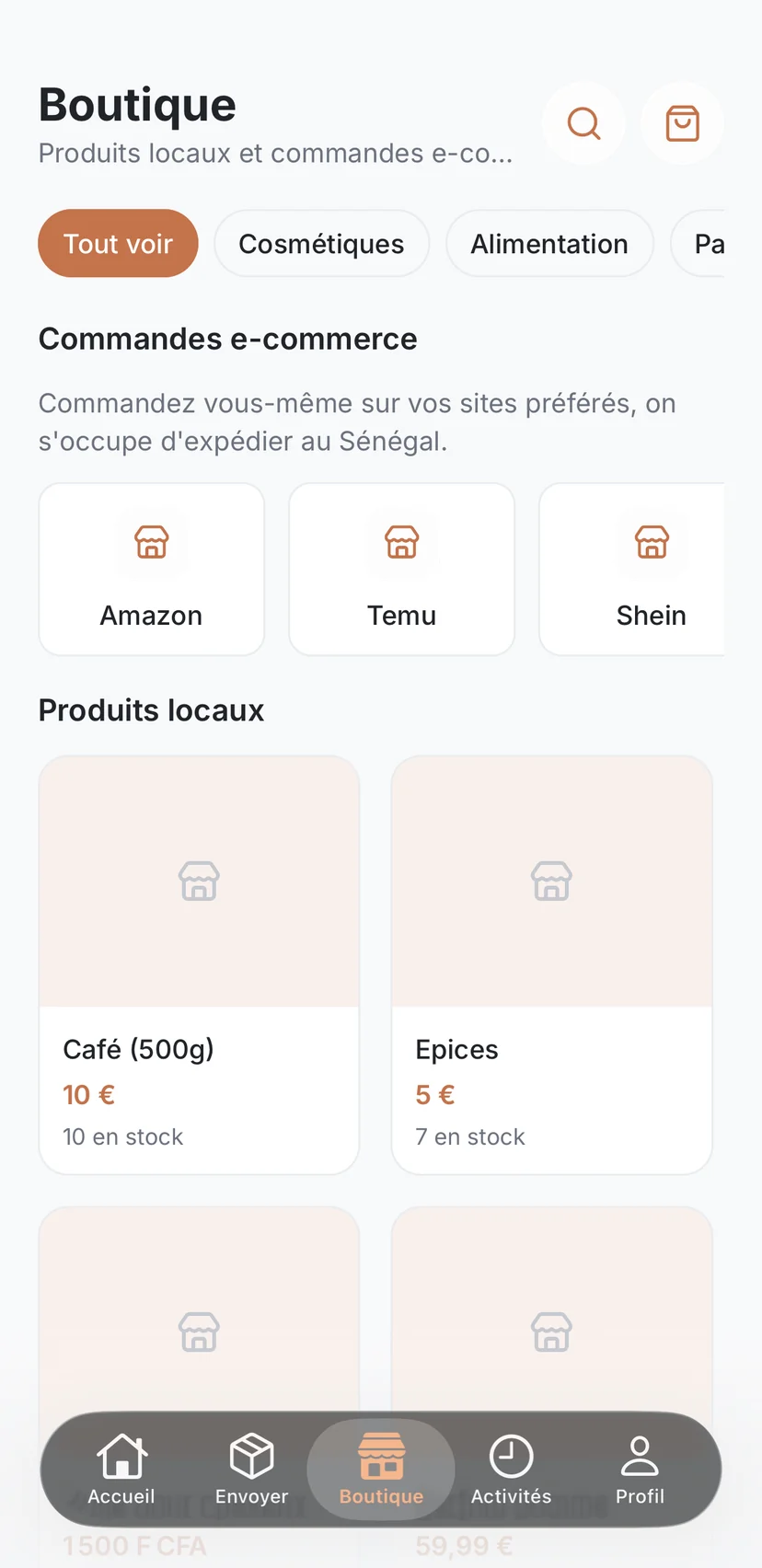Boutique de l’application : commandes Amazon, Temu et Shein, et produits locaux