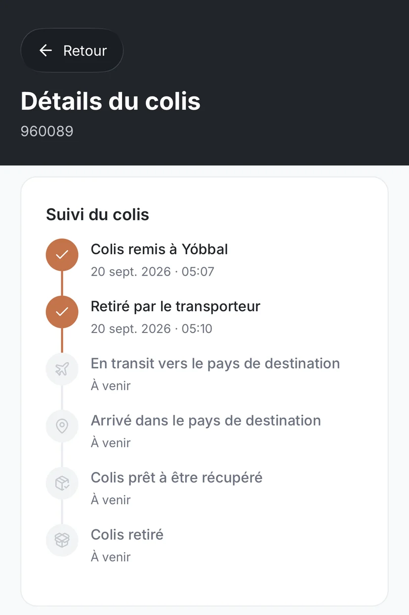 Suivi d’un colis : remis à Yóbbal, retiré par le transporteur, puis les étapes à venir